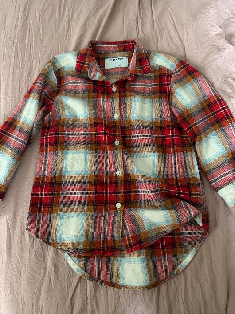 Old Navy Red Plaid Button-Down Shirt with Cream and Brown Accents